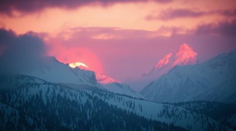 Capture the ethereal beauty of snow-covered mountains bathed in the soft glow of a pastel sunset.  This image features a drea