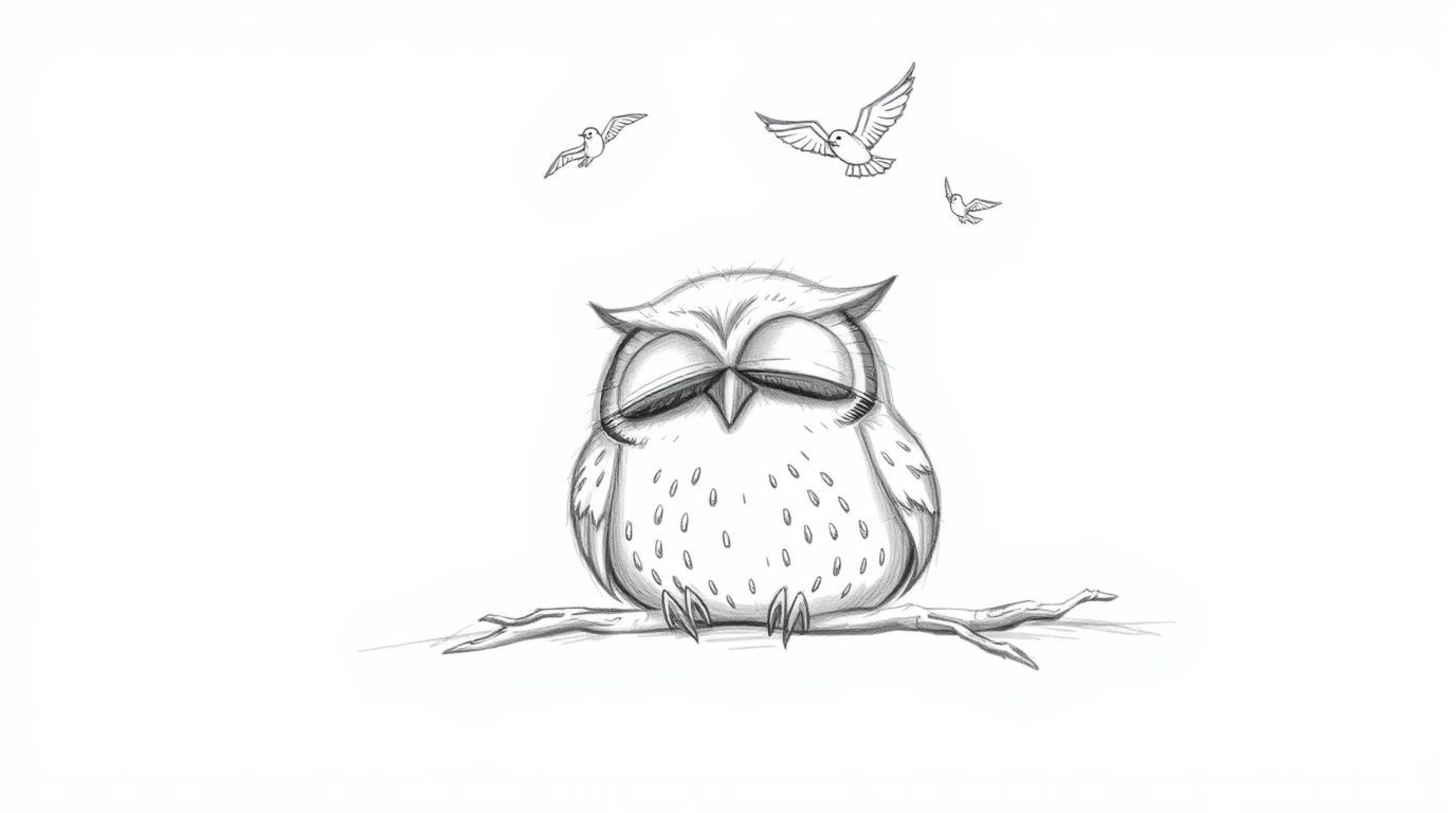A charming sketch of a blind owl, rendered in the style of Pixar, is depicted resting peacefully as small birds joyfully circ