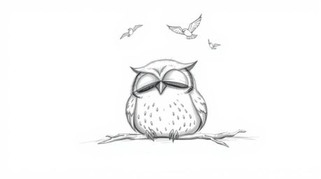A charming sketch of a blind owl, rendered in the style of Pixar, is depicted resting peacefully as small birds joyfully circ