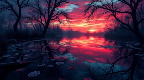 Experience a mystic and enchanting environment with a dreamlike atmosphere, featuring the reflection of a colorful sunset in 