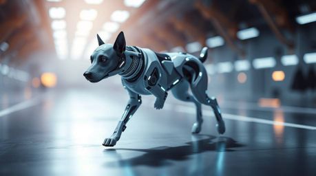 This AI-generated image depicts a futuristic dog confidently walking itself in the vastness of space.  Rendered with a striki