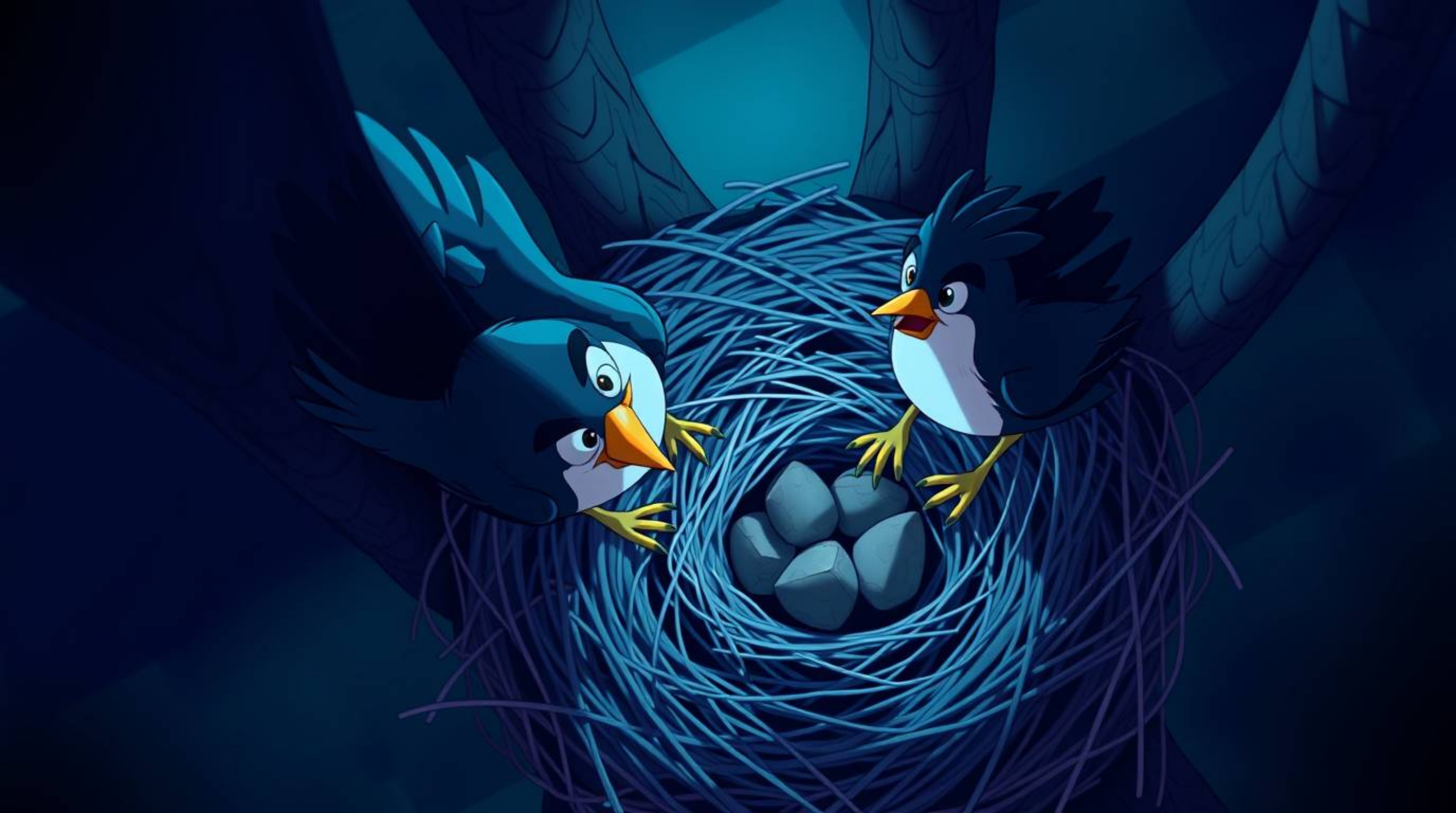 An overhead bird's eye view showcases two cartoon birds diligently building a nest in a classic animation style. The scene is