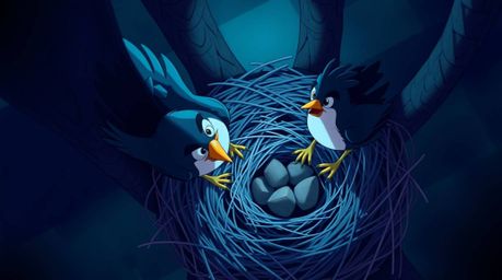 An overhead bird's eye view showcases two cartoon birds diligently building a nest in a classic animation style. The scene is
