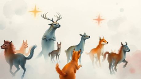 Immerse yourself in a whimsical world with this delicate watercolor painting depicting an animal dance party shrouded in thic