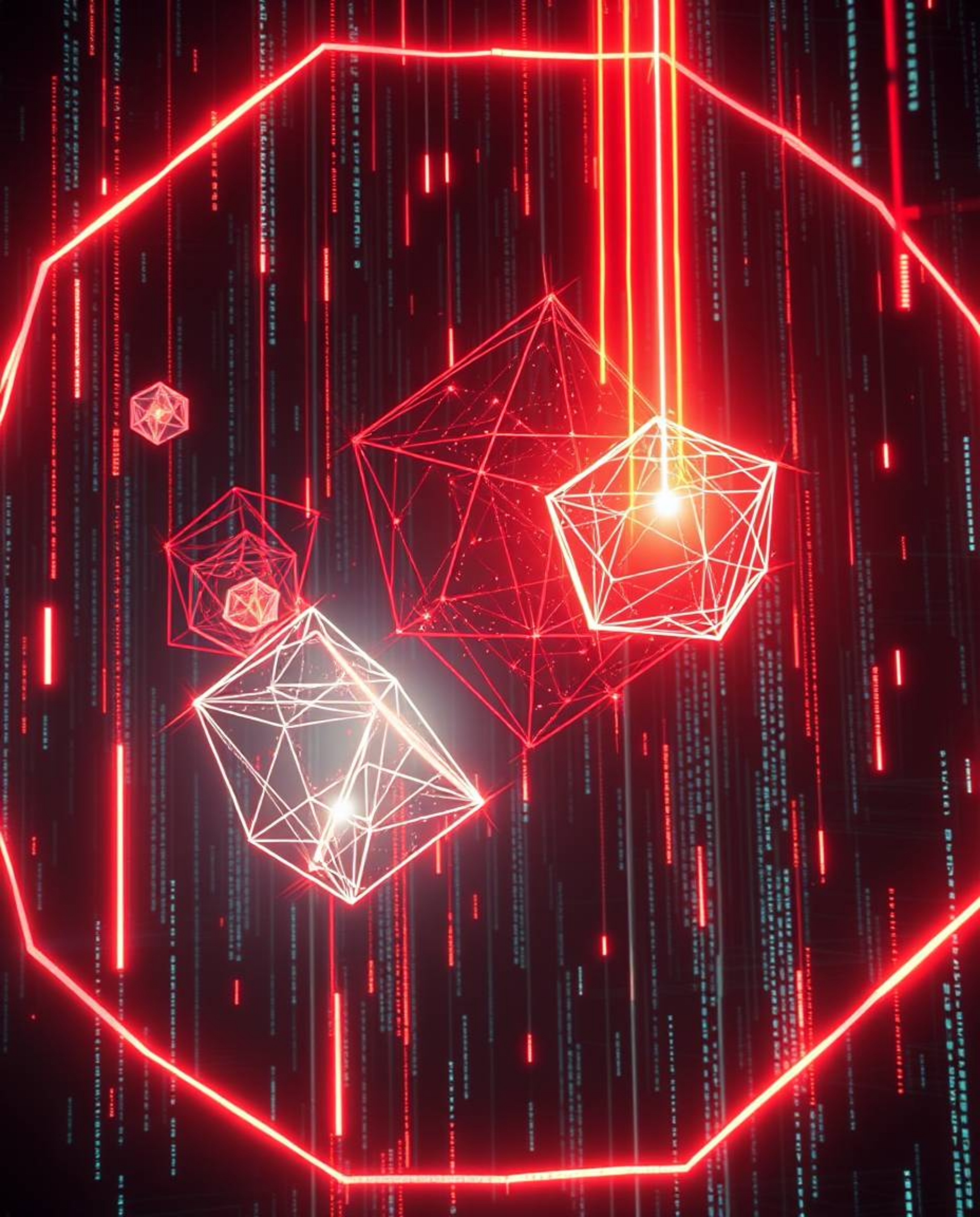 A high-contrast digital illustration featuring glitched geometric shapes floating in a cyberspace matrix, bathed in intense d