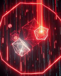 A high-contrast digital illustration featuring glitched geometric shapes floating in a cyberspace matrix, bathed in intense d