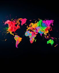 A captivating cinematic-style abstract world map, meticulously crafted from vibrant and dynamic colorful splashes. The artwor