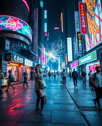 A captivating street photograph captures the essence of a futuristic cityscape, illuminated by colorful neon splashes and emb