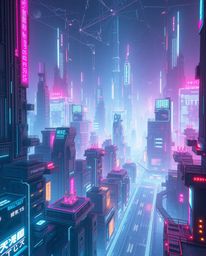 Explore a futuristic city malfunctioning in a mesmerizing glitch mode.  Experience an ethereal and spiritual atmosphere creat