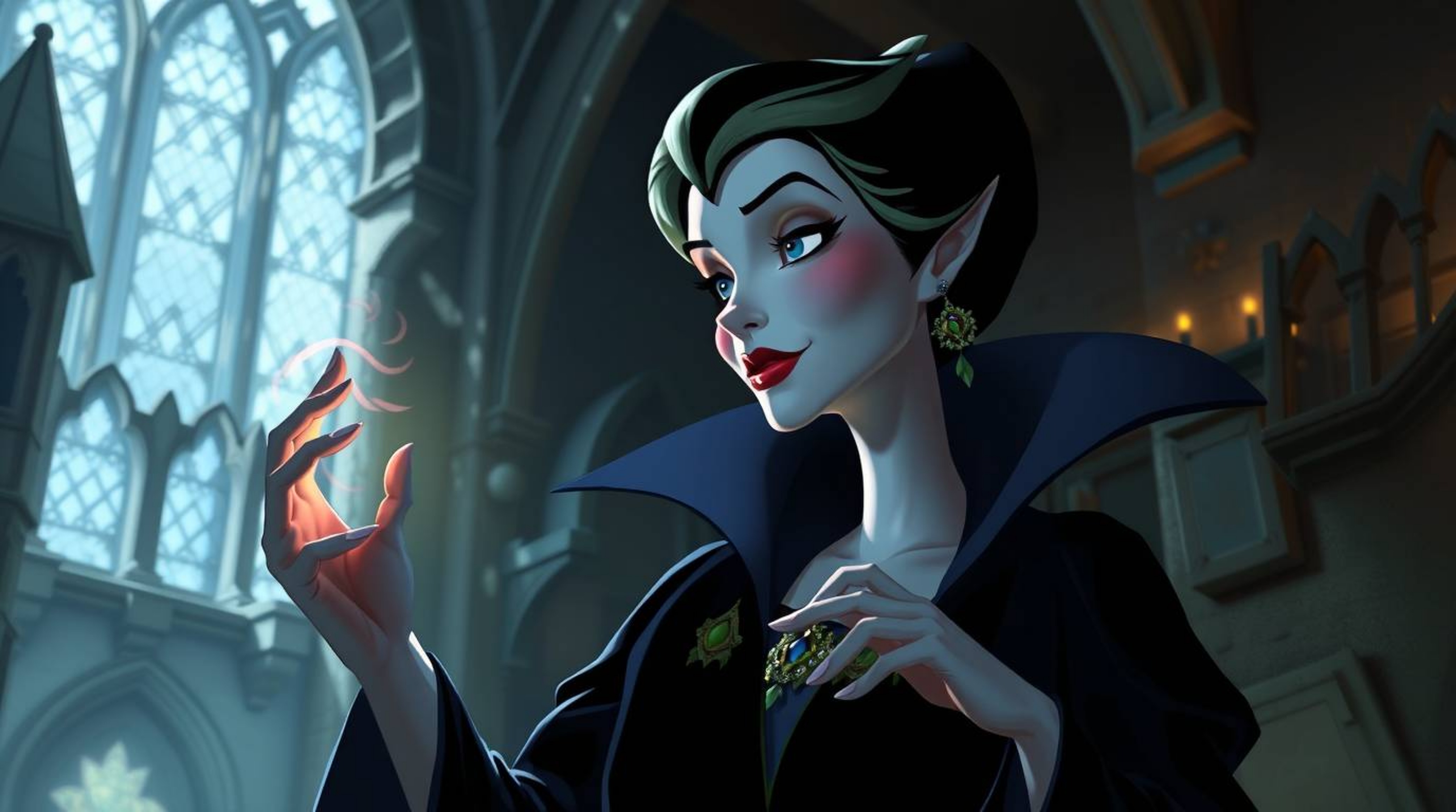 A captivating digital painting depicts a graceful Disney villain, elegantly casting a spell within the aged walls of an old c