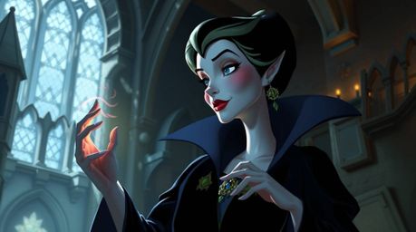 A captivating digital painting depicts a graceful Disney villain, elegantly casting a spell within the aged walls of an old c