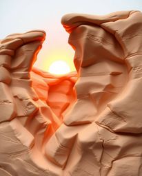 This sculptural clay art captures a serene sunset illuminating sandstone cliffs within a canyon. The piece is defined by its 