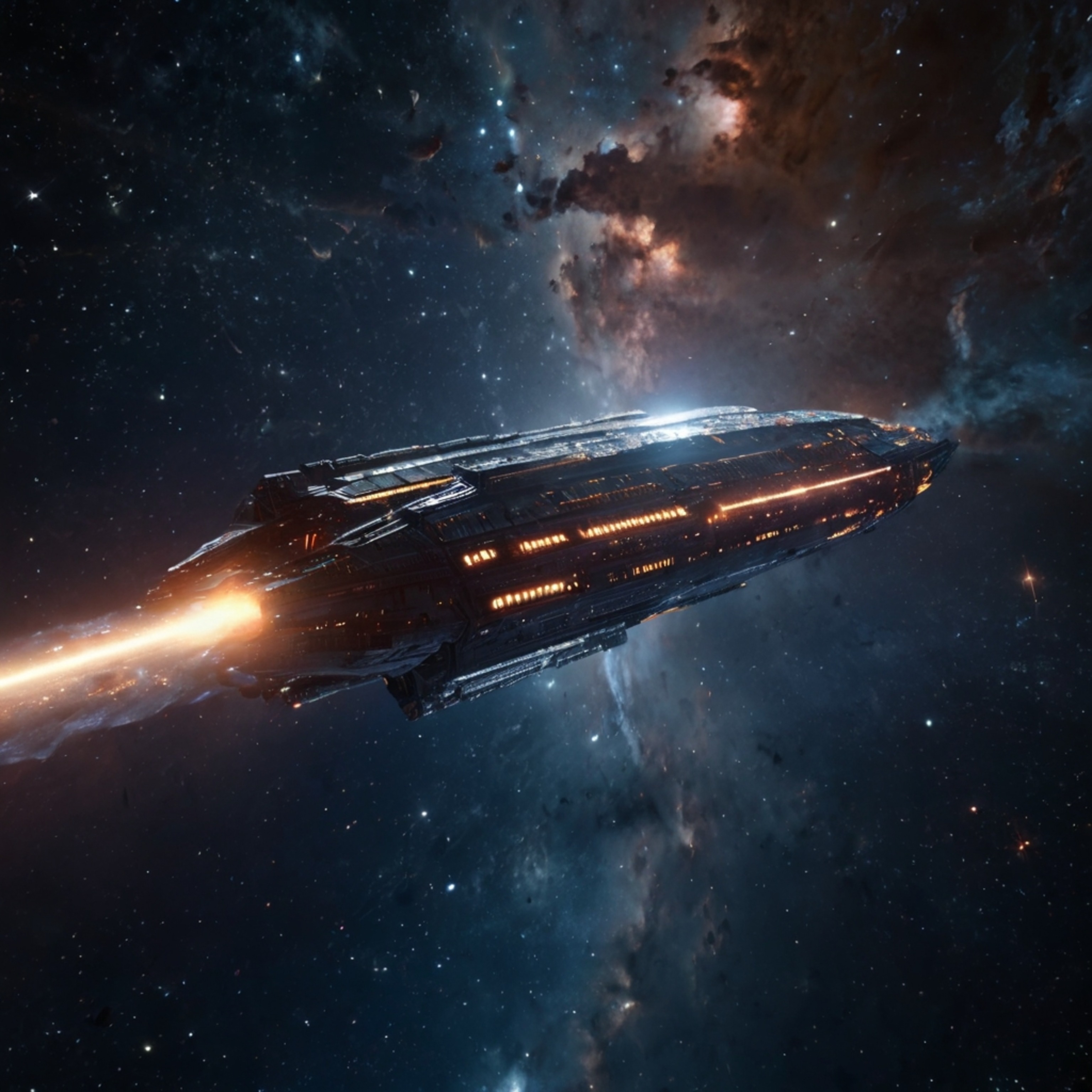 A stunning 3D render showcases a spaceship majestically soaring through a vibrant galaxy filled with countless stars. The ima