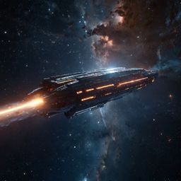 A stunning 3D render showcases a spaceship majestically soaring through a vibrant galaxy filled with countless stars. The ima