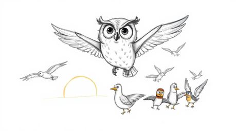 A heartwarming hand-drawn sketch in the style of Pixar, depicts a blind owl with gentle features leading a diverse classroom 