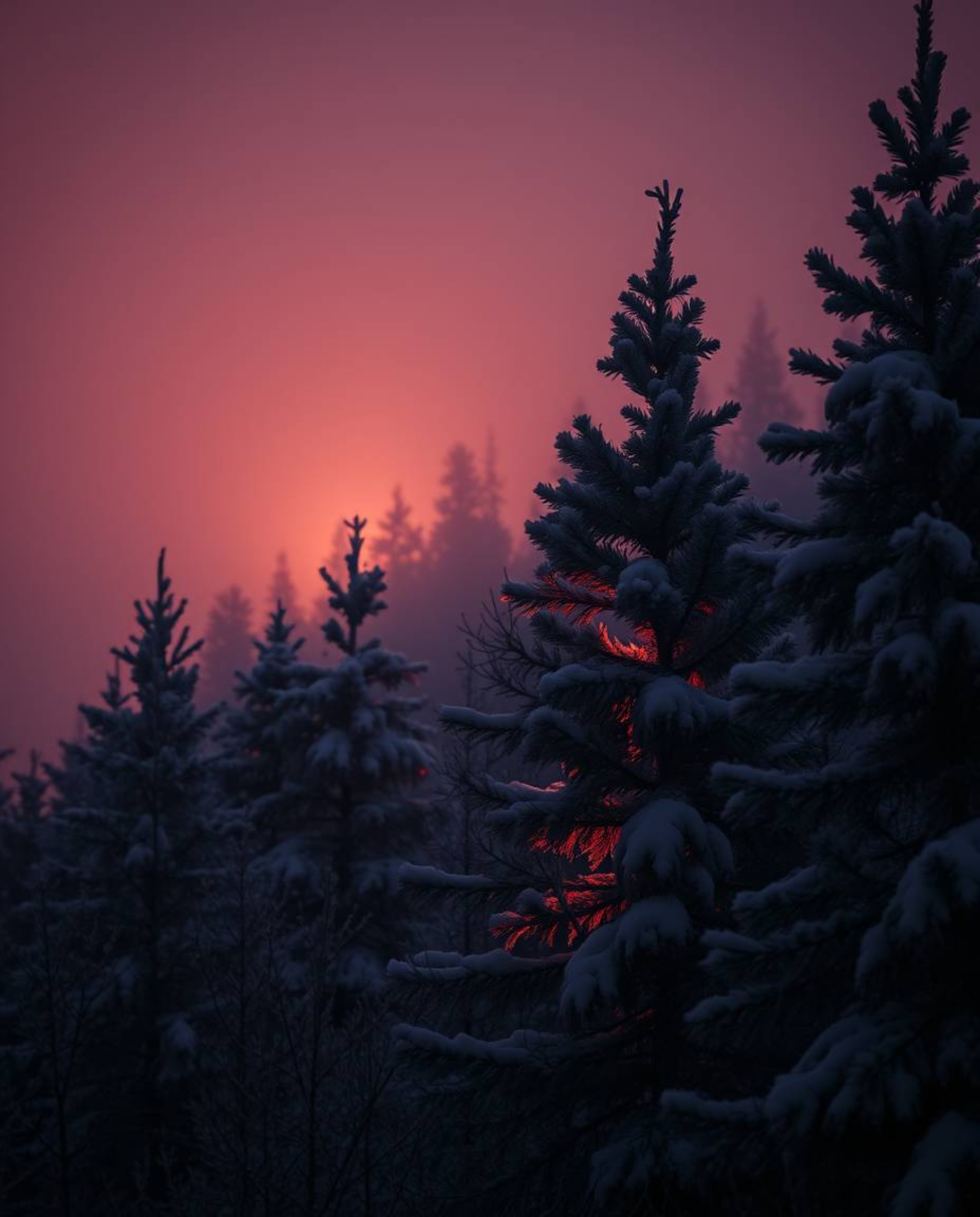 A moody, mystic, and dreamlike image captures sunset light sparkling on snowy pine trees. This low-contrast, ethereal scene i