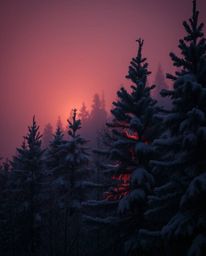 A moody, mystic, and dreamlike image captures sunset light sparkling on snowy pine trees. This low-contrast, ethereal scene i