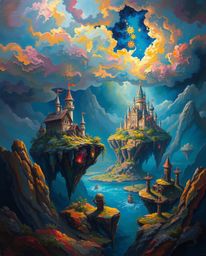 This stunning oil painting depicts a vibrant and fantastical kingdom complete with floating islands and majestic castles. The