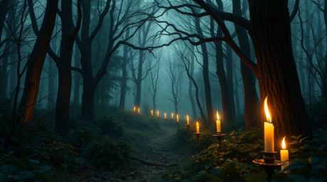 Experience a captivating chase scene through a mesmerizing looping forest backdrop, bathed in the warm glow of candlelight.  