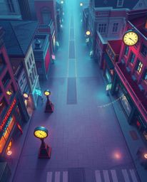 A captivating digital painting showcases an empty town square rendered in electric, vivid colors.  Scattered ticking clocks a
