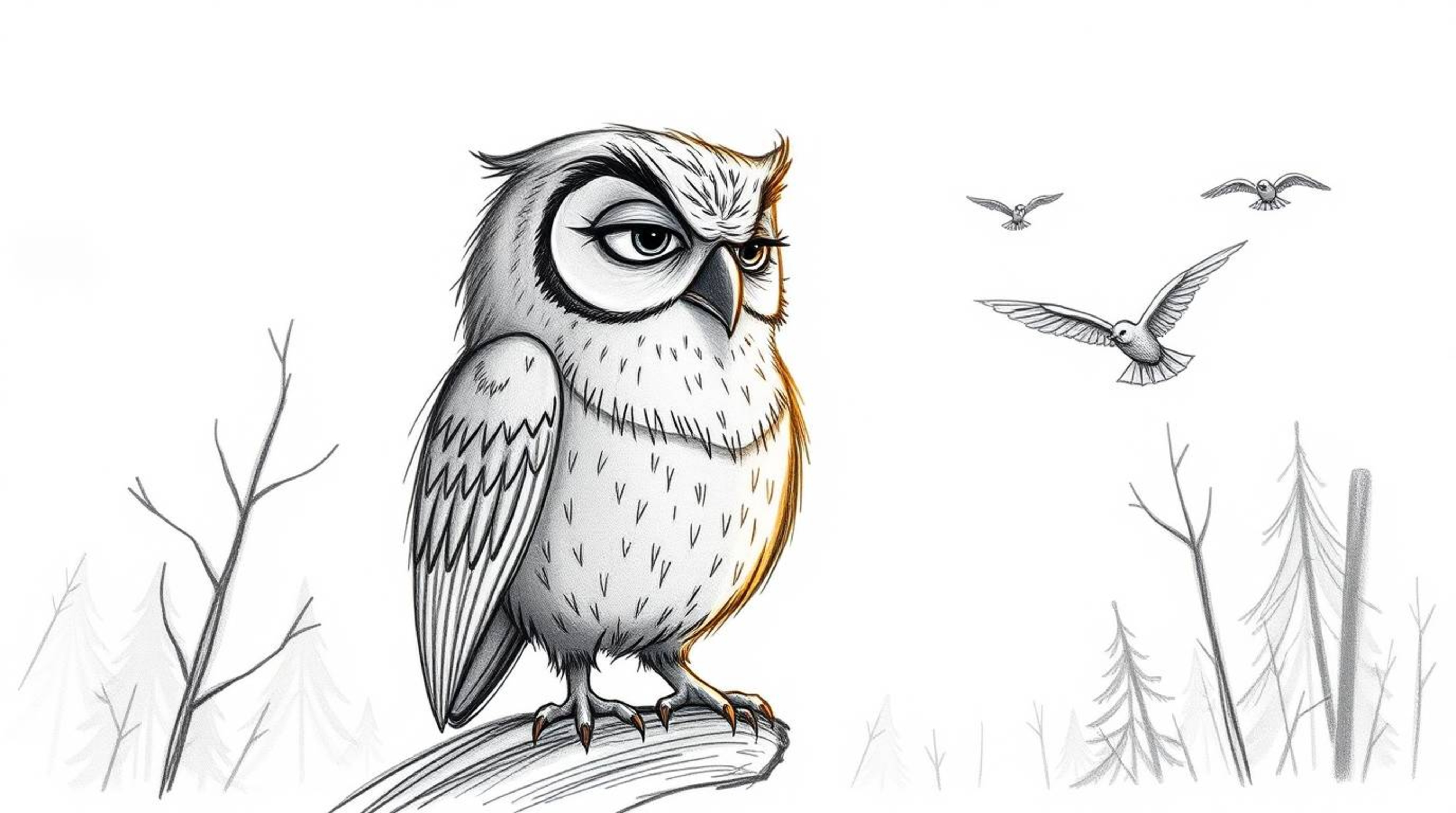 A heartwarming hand-drawn sketch in the style of Pixar depicts a wise, blind owl with wrinkled features patiently teaching bi