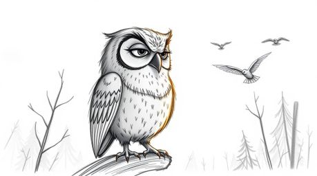 A heartwarming hand-drawn sketch in the style of Pixar depicts a wise, blind owl with wrinkled features patiently teaching bi