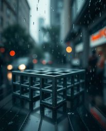 A captivating wet rainy scene showcases a mesmerizing blurred bokeh effect, drawing the eye to a sharply focused repetitive E