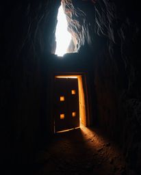 Experience a breathtaking high-angle perspective of an ancient doorway, etched with glowing runes, nestled within a majestic 