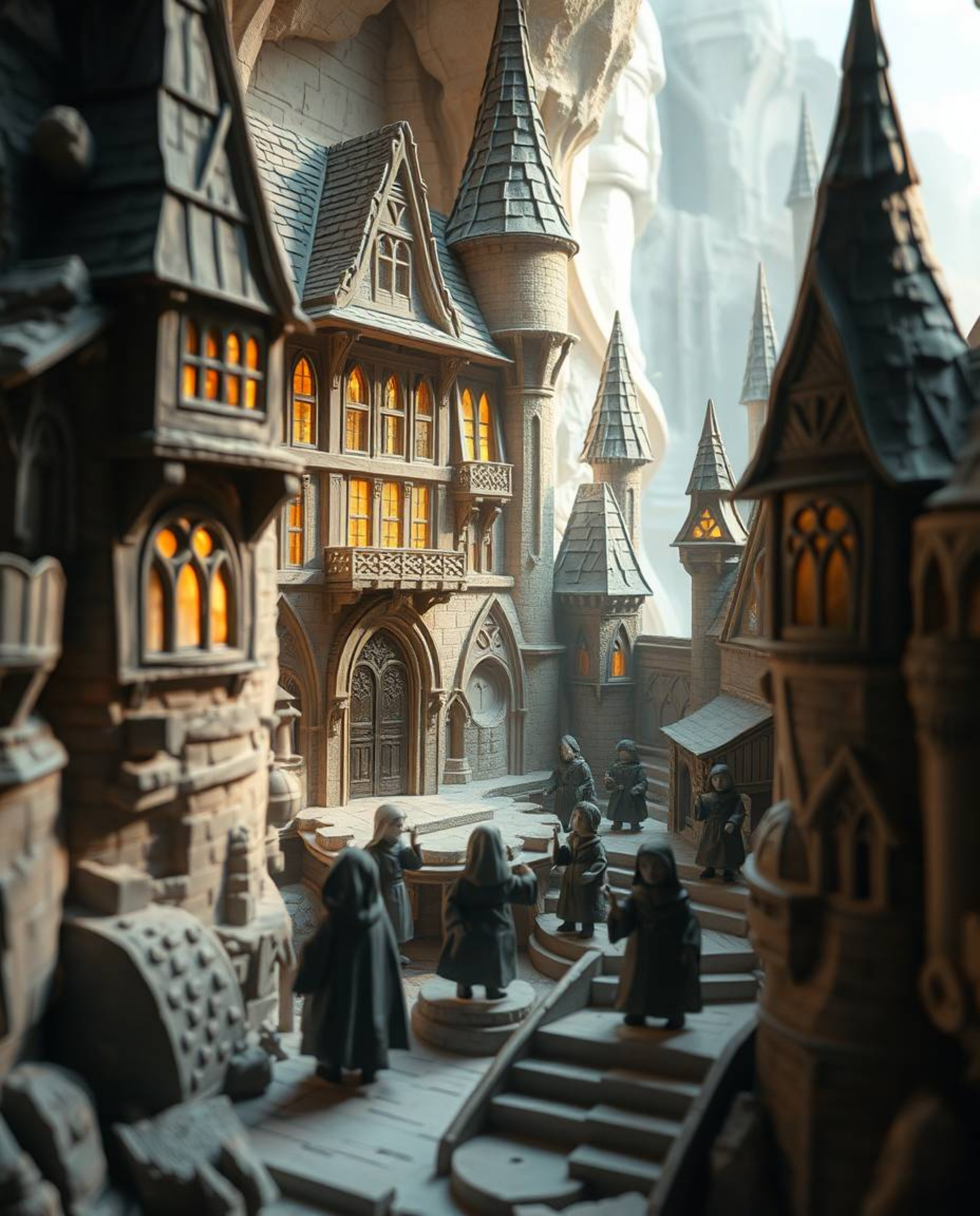 This dreamy, layered papier-mâché sculpture captures the enchanting essence of a magical school teeming with young wizards. T