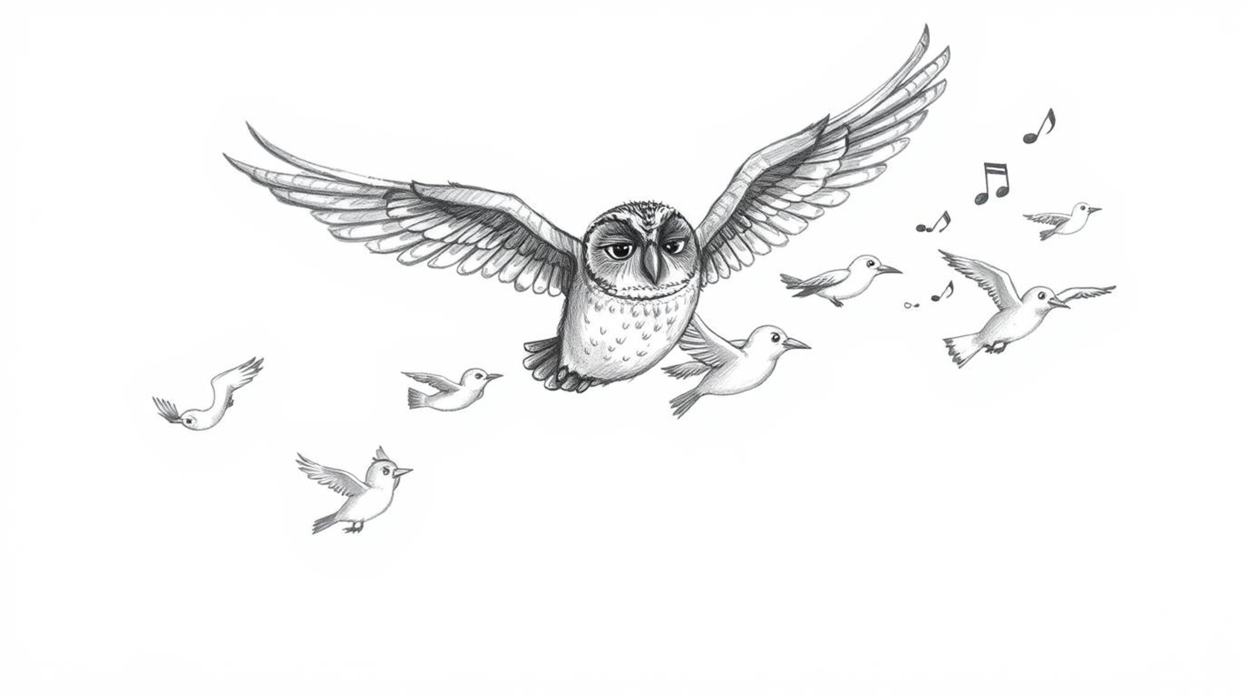 A heartwarming hand-drawn sketch in Pixar style depicts a blind owl, meticulously rendered with textured feathers, leading a 