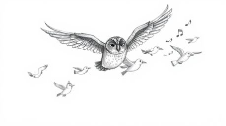 A heartwarming hand-drawn sketch in Pixar style depicts a blind owl, meticulously rendered with textured feathers, leading a 