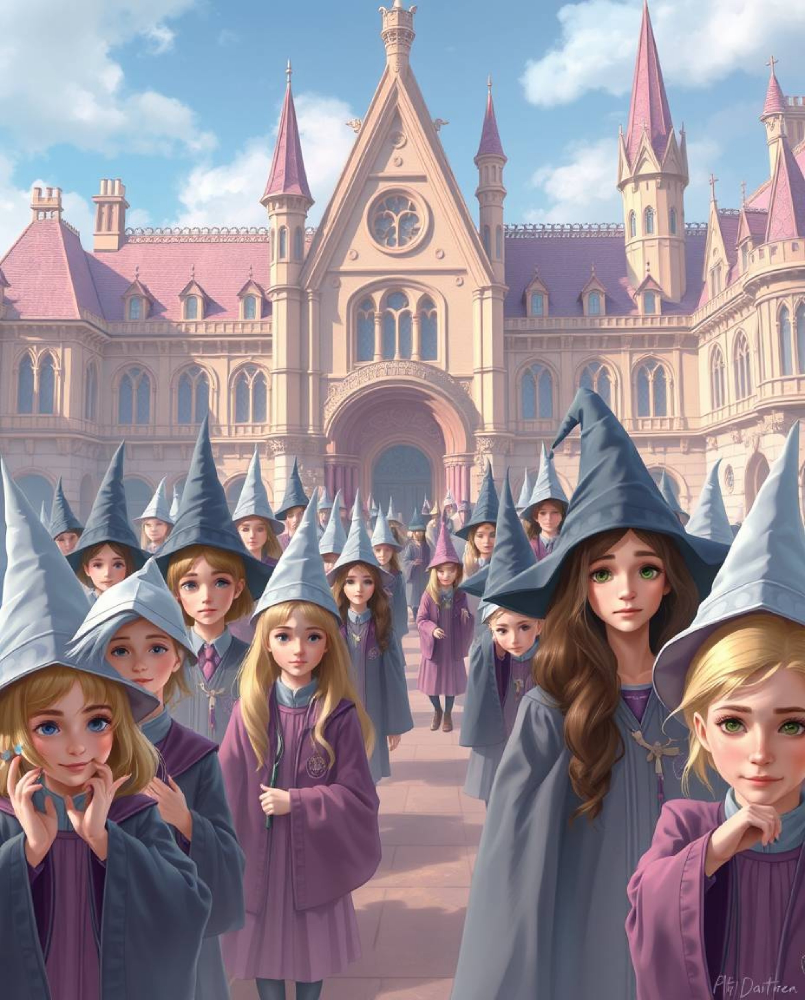 Immerse yourself in a magical school brimming with young wizards, beautifully rendered in soft pastel colors. The graceful an