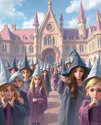 Immerse yourself in a magical school brimming with young wizards, beautifully rendered in soft pastel colors. The graceful an