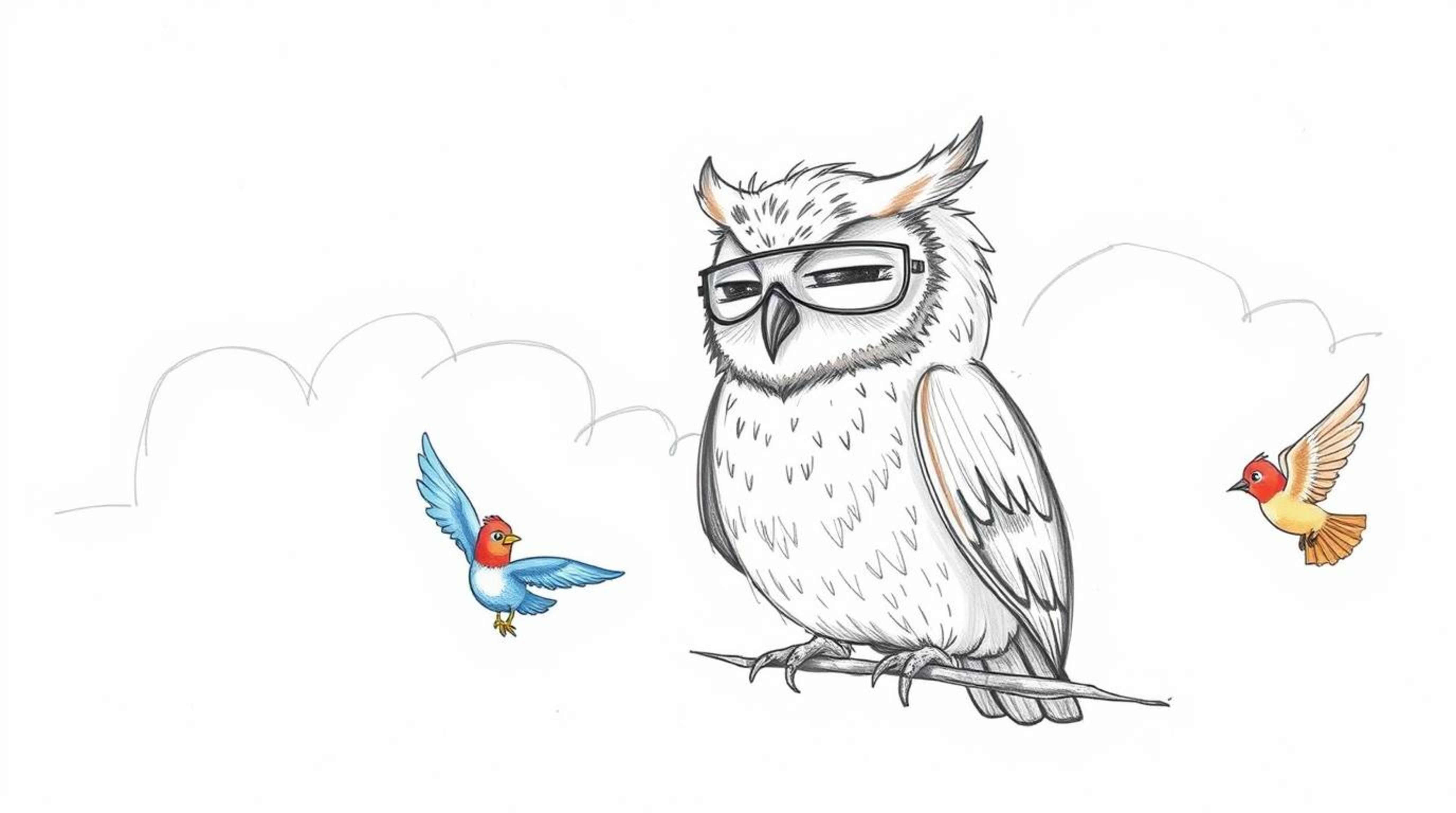 A heartwarming hand-drawn sketch depicts a blind owl, rendered in Pixar style, with a kind and gentle expression. He's impart