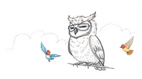 A heartwarming hand-drawn sketch depicts a blind owl, rendered in Pixar style, with a kind and gentle expression. He's impart