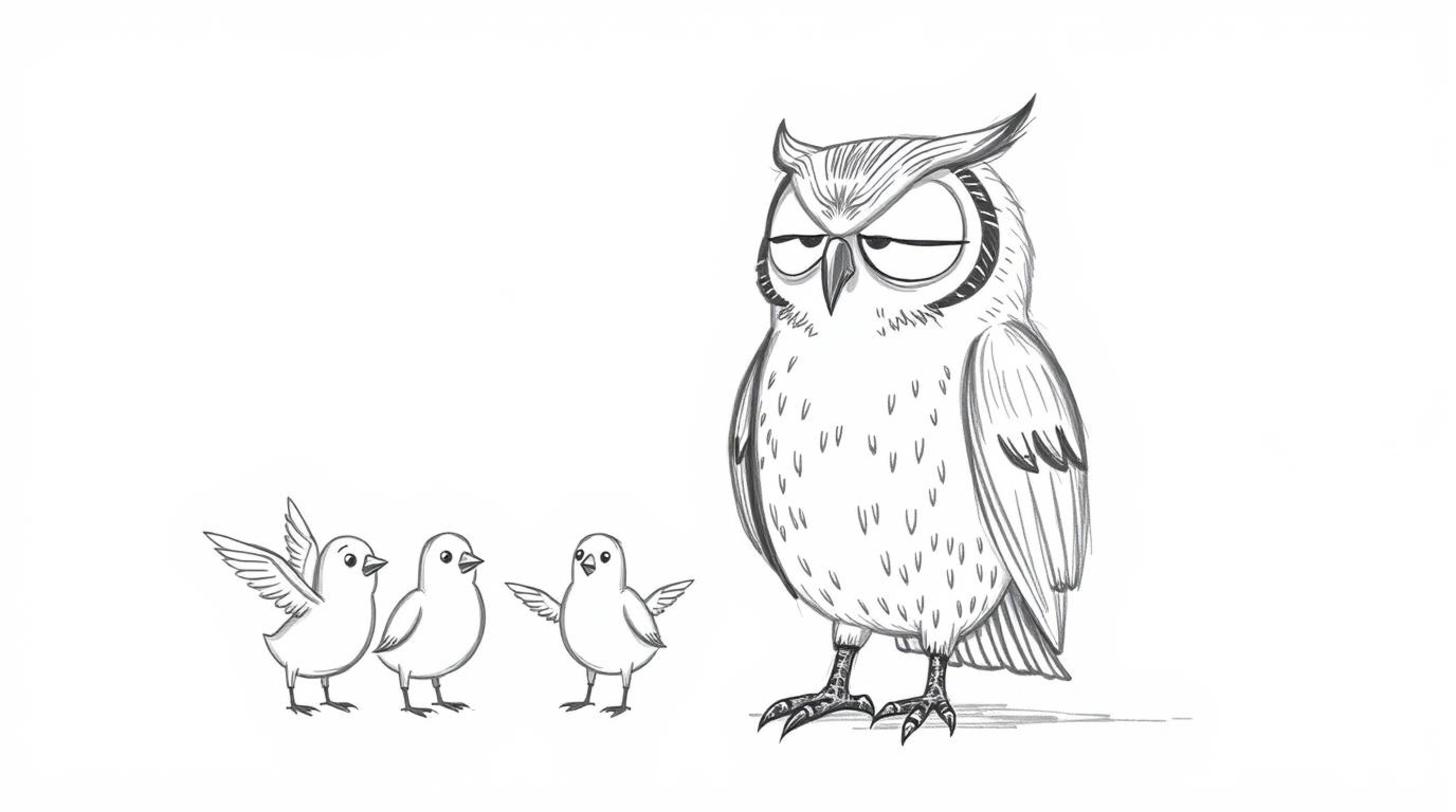 A hand-drawn sketch depicts a blind owl, rendered with textured pencil strokes in a Pixar-esque style, guiding a group of bir