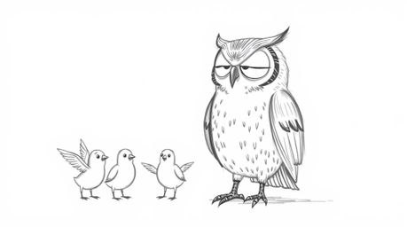 A hand-drawn sketch depicts a blind owl, rendered with textured pencil strokes in a Pixar-esque style, guiding a group of bir