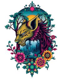 A stunning traditional tattoo art print in rich deep teal, digitally enhanced with a glitch effect layered over a vibrant nat