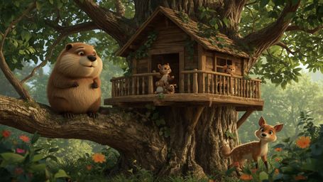 This high-resolution stock photo captures a serene beaver with a warm, gentle smile, meticulously building the perfect treeho