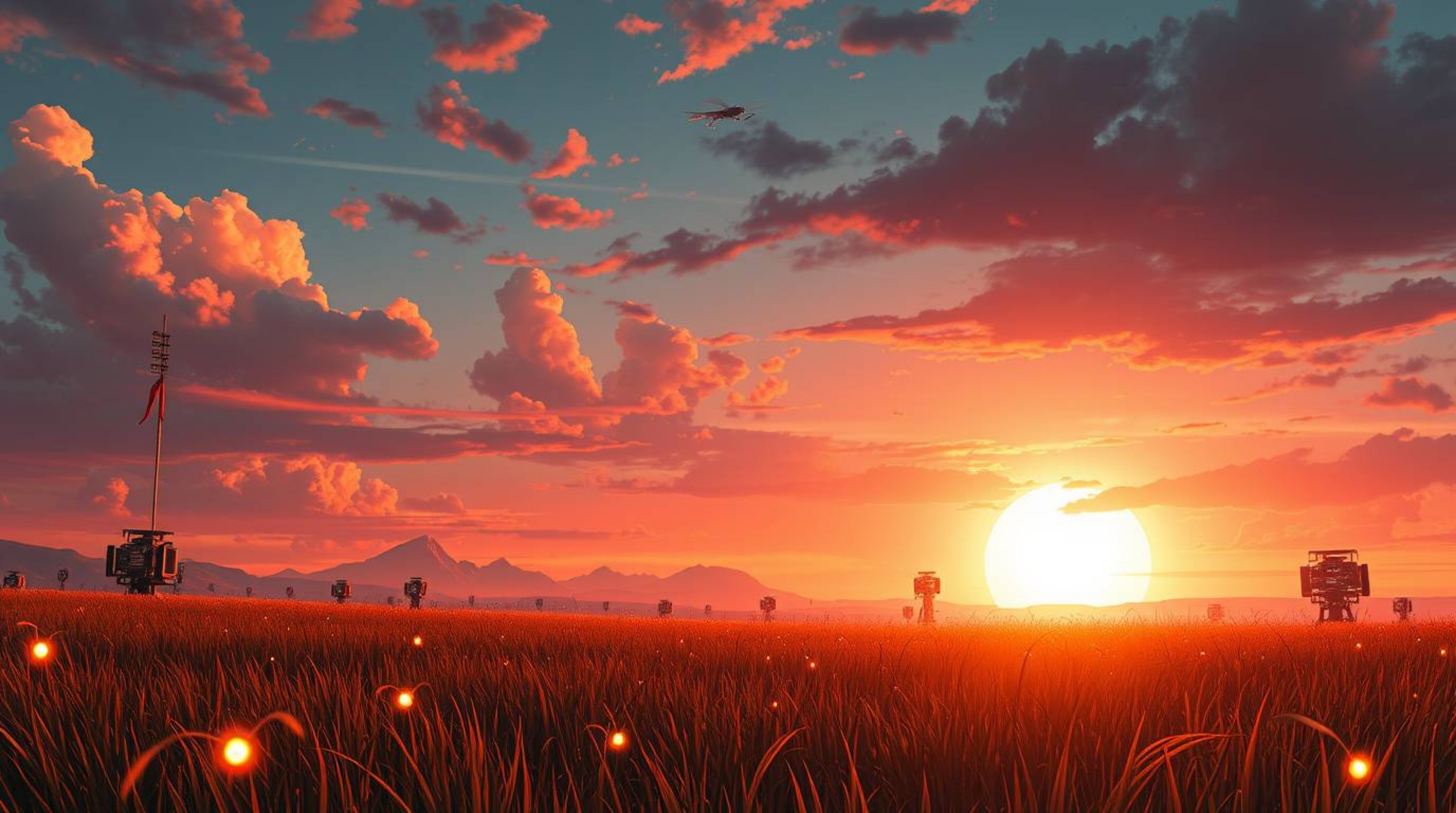 A stunning futuristic sci-fi digital painting depicts a vibrant sunset over a tranquil meadow. Fireflies begin to appear, add