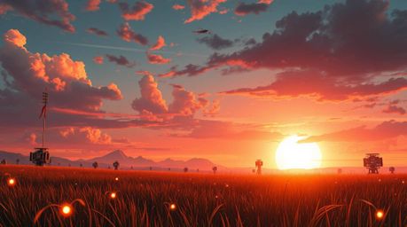 A stunning futuristic sci-fi digital painting depicts a vibrant sunset over a tranquil meadow. Fireflies begin to appear, add