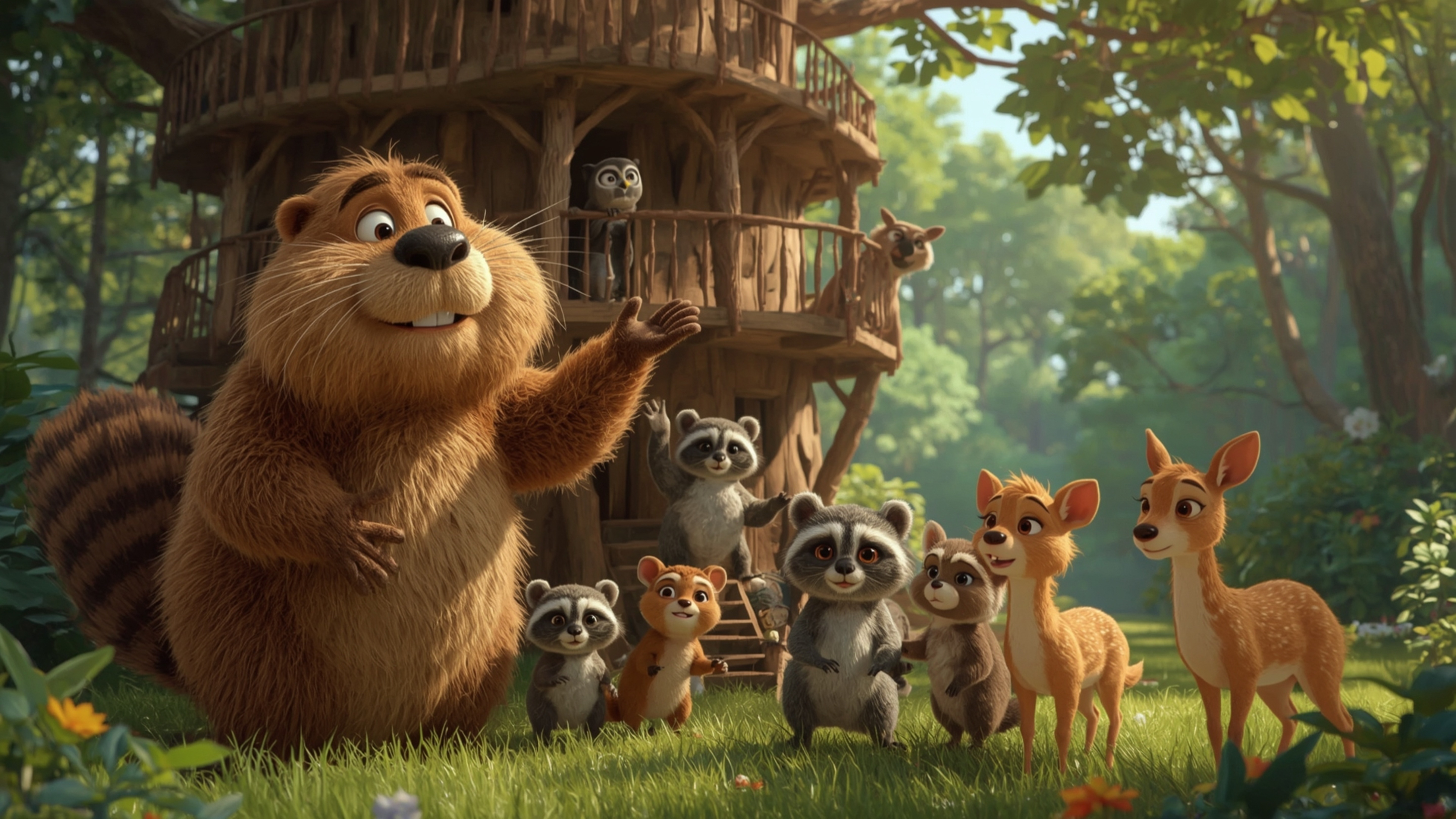 A high-resolution, crystal-clear stock photo captures a cheerful beaver with warm, golden fur constructing an intricate, mult