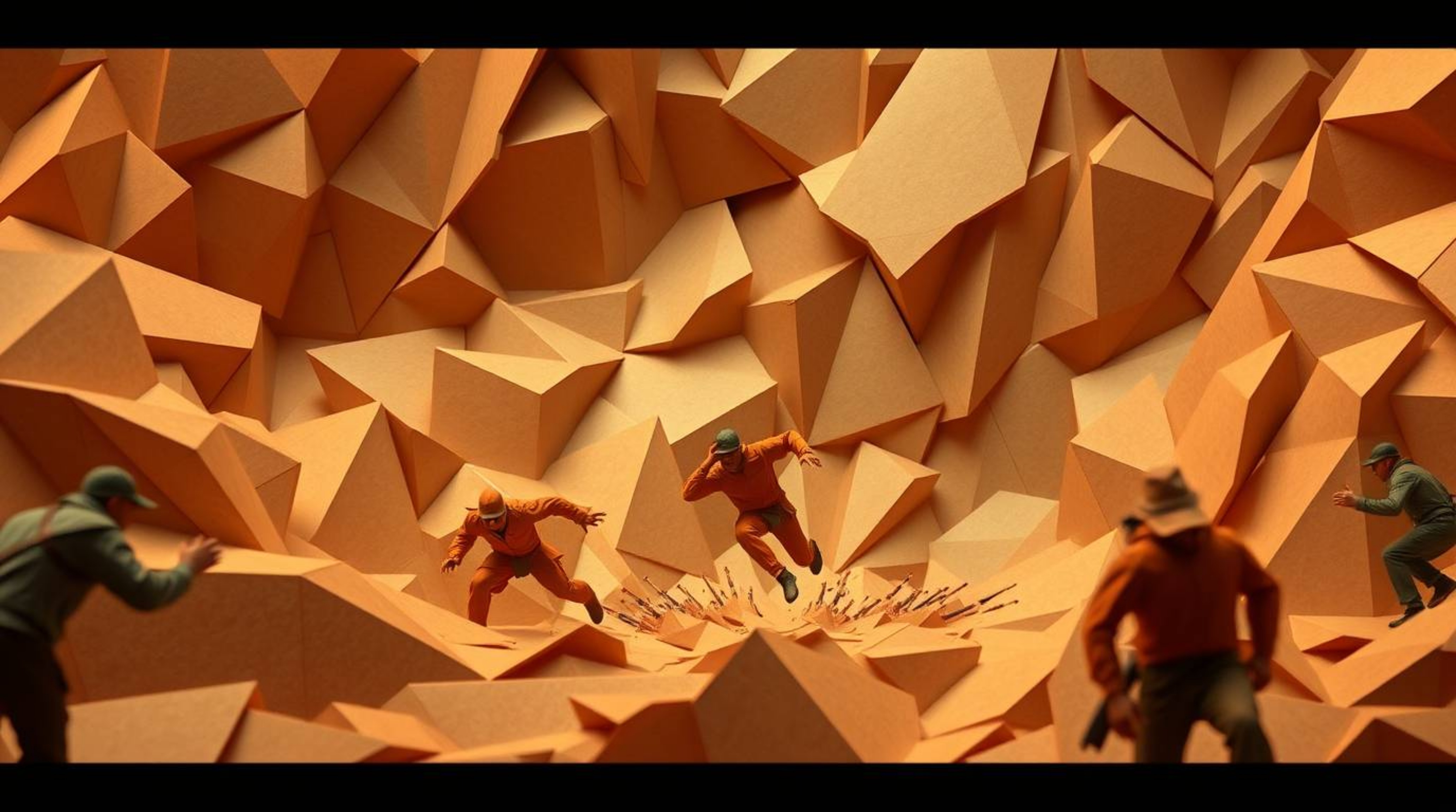 Experience a dramatic, cinematic chase scene rendered in an intricate origami style, featuring warm terracotta and cool teal 