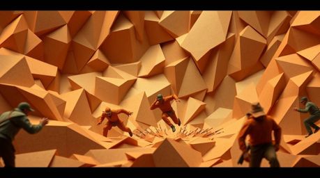 Experience a dramatic, cinematic chase scene rendered in an intricate origami style, featuring warm terracotta and cool teal 