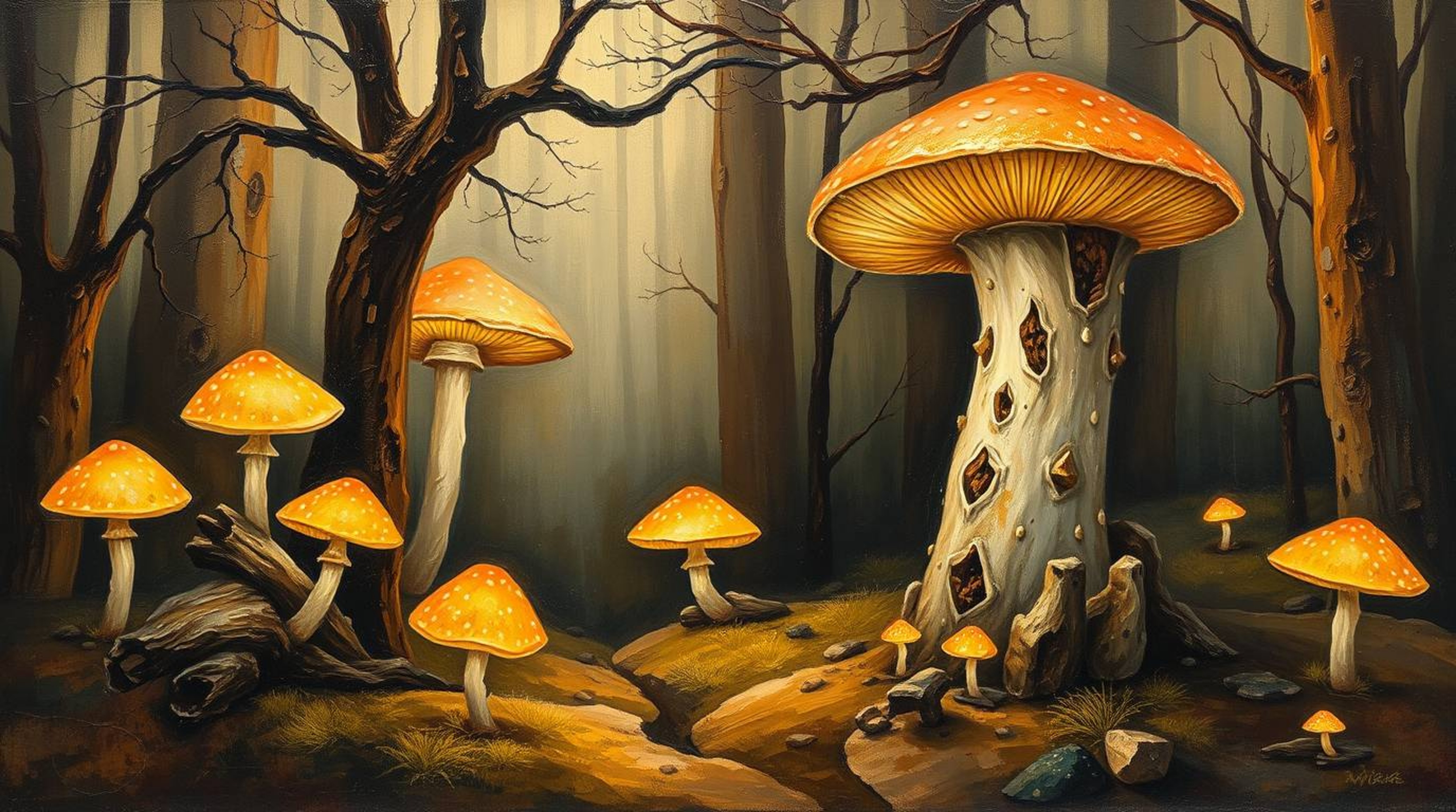 Explore a vintage-style enchanted forest brought to life in a classic oil painting. This artwork features glowing mushrooms, 