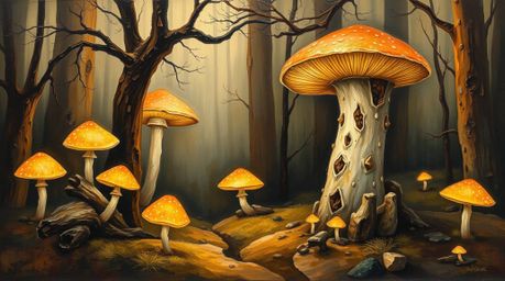 Explore a vintage-style enchanted forest brought to life in a classic oil painting. This artwork features glowing mushrooms, 