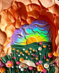 A unique, sculpted, and textured artwork created from layered papier-mâché. The piece features stunning iridescent colors tha