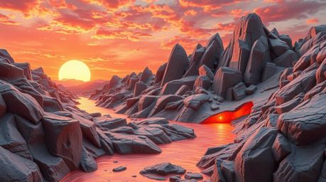 Behold an epic scene of sculptural clay art: a winding river glows vibrantly under a dramatic orange-pink sky.  The artwork f