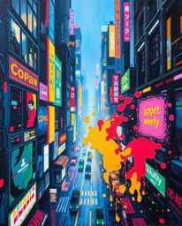 A captivating close-up oil painting showcases vibrant neon splashes across a futuristic cyberpunk cityscape.  The artwork fea