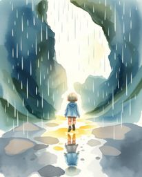 Immerse yourself in a delicate watercolor painting depicting a wet, rainy scene. A child with rosy cheeks bravely follows a t